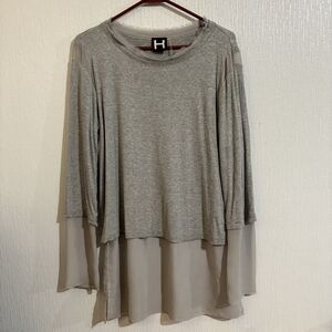 Grey Knit Top Sheer Raw Edge Long Sleeve Eyelash Scoop H By Bordeaux W M